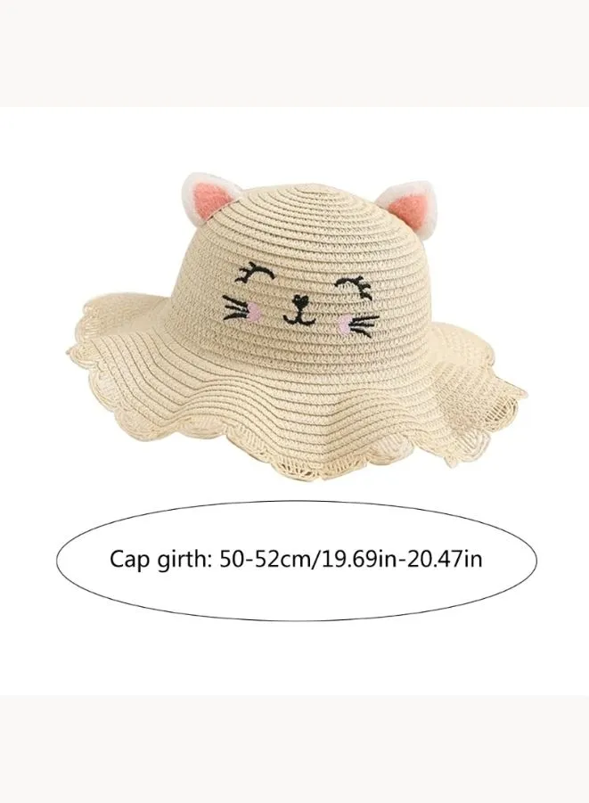 Adorable Kids Summer Straw Hat with Cat-Ear Shaped Cap, Smile Face, and Matching Handbag - Wide Brim Girls Straw Sun Hat for Stylish Sun Protection and Playful Adventures