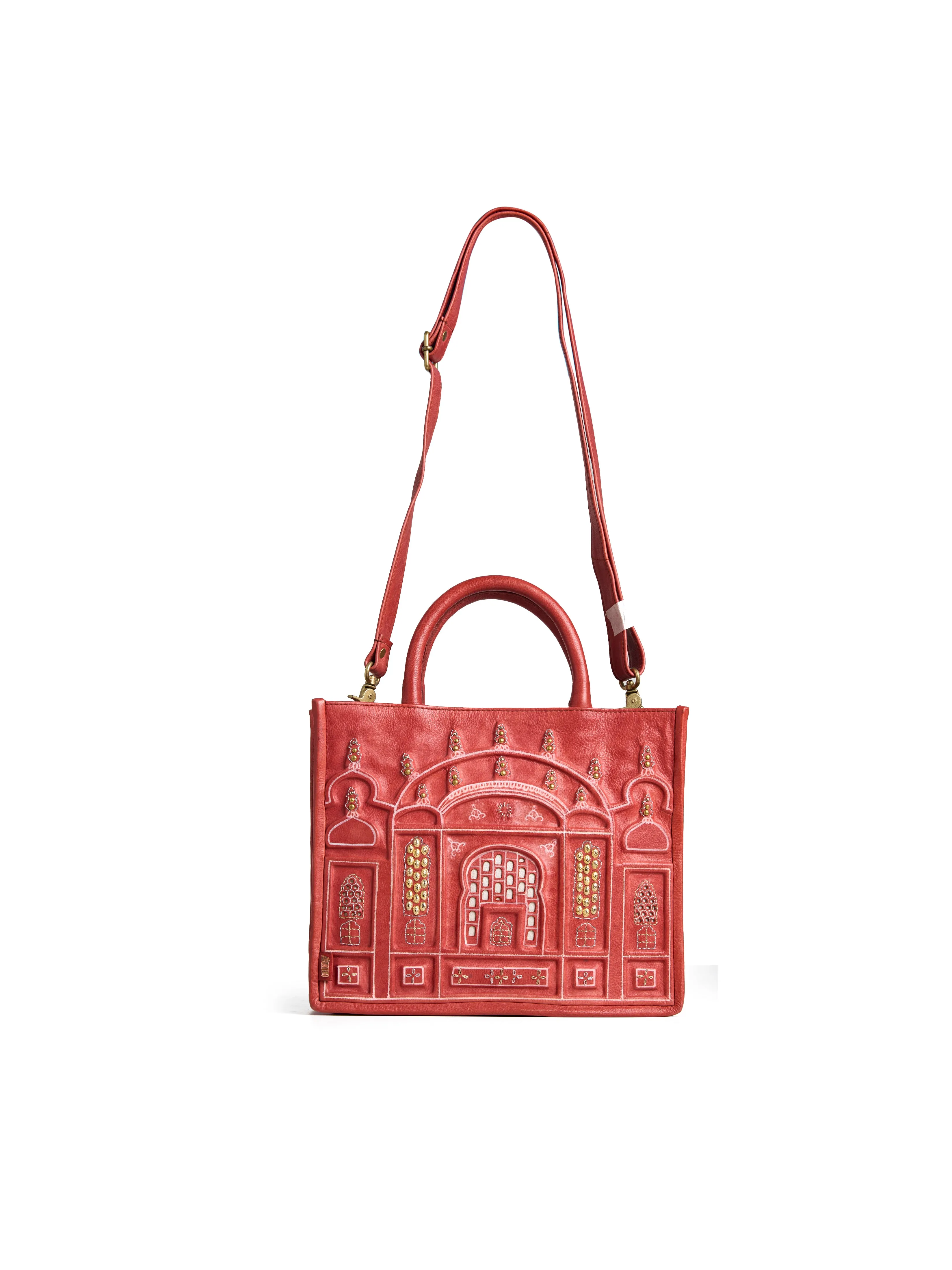 Art N Vintage Hawa Mahal Embossed Leather Tote Bag - Vibrant Red