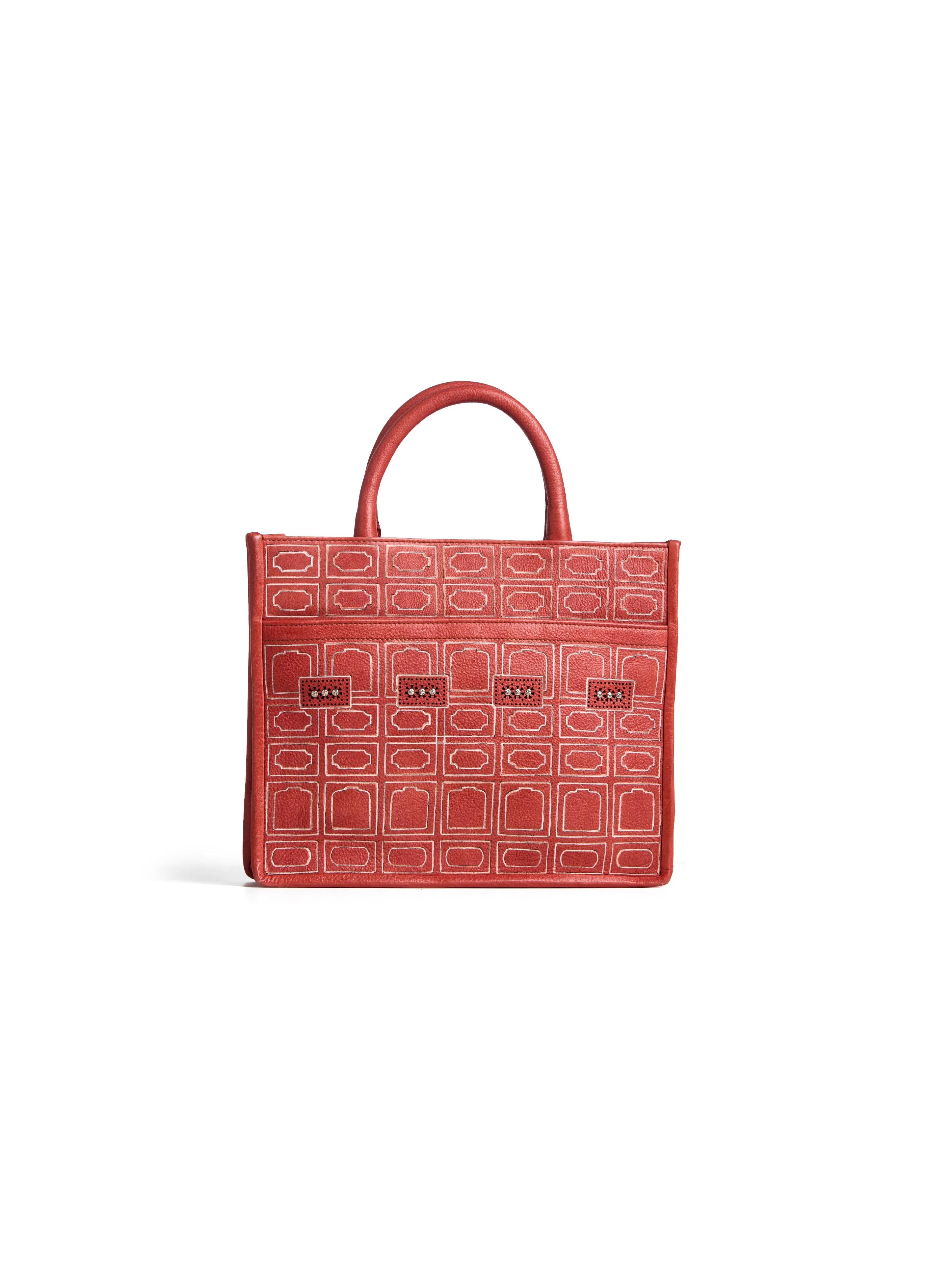 Art N Vintage Hawa Mahal Embossed Leather Tote Bag - Vibrant Red