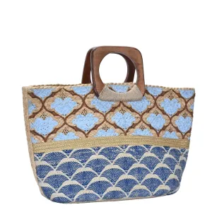 BGAIN203 Handmade Tropical Boho Jute Tote With Wooden Handles