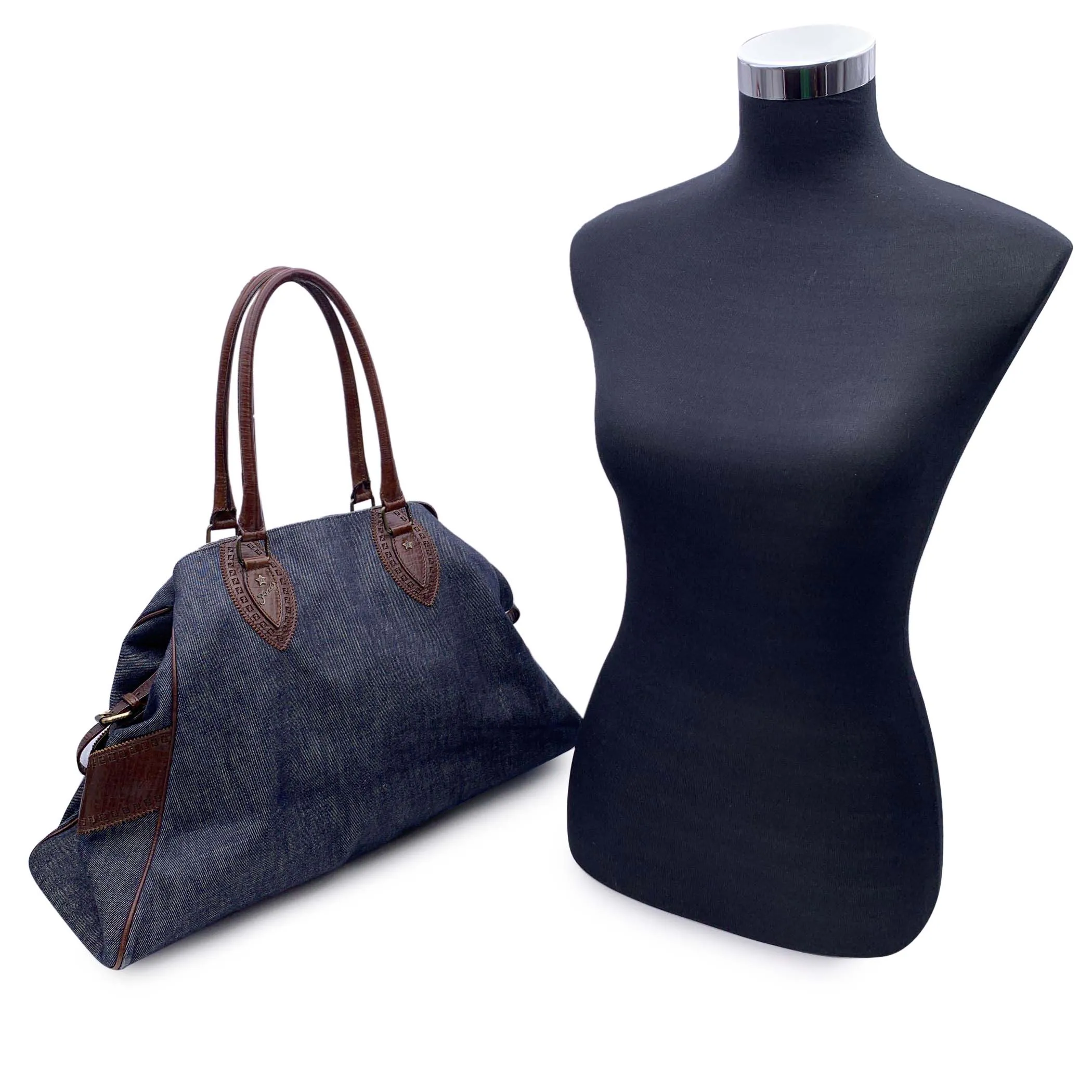 Fendi Blue Denim and Brown Leather Du Jour Shoulder Bag Tote