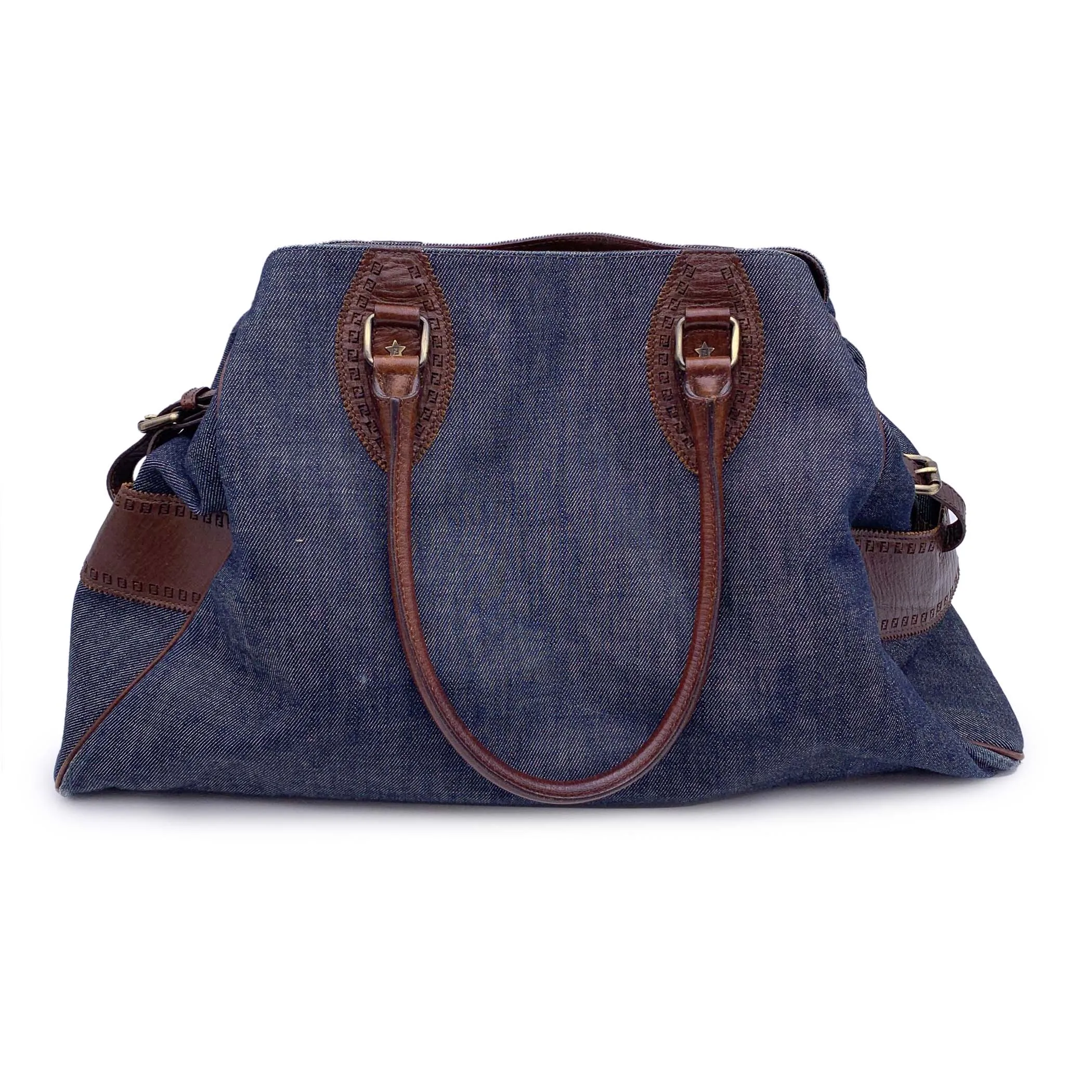 Fendi Blue Denim and Brown Leather Du Jour Shoulder Bag Tote