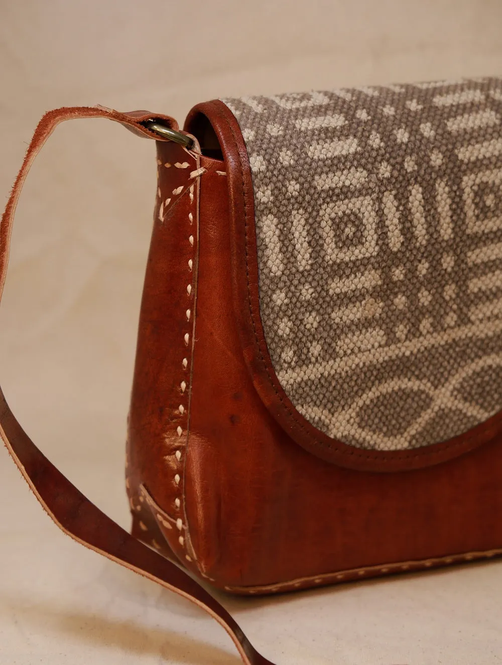 Handcrafted Jawaja Leather Sling Bag with Rug Patch - Brown & Grey