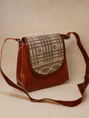 Handcrafted Jawaja Leather Sling Bag with Rug Patch - Brown & Grey