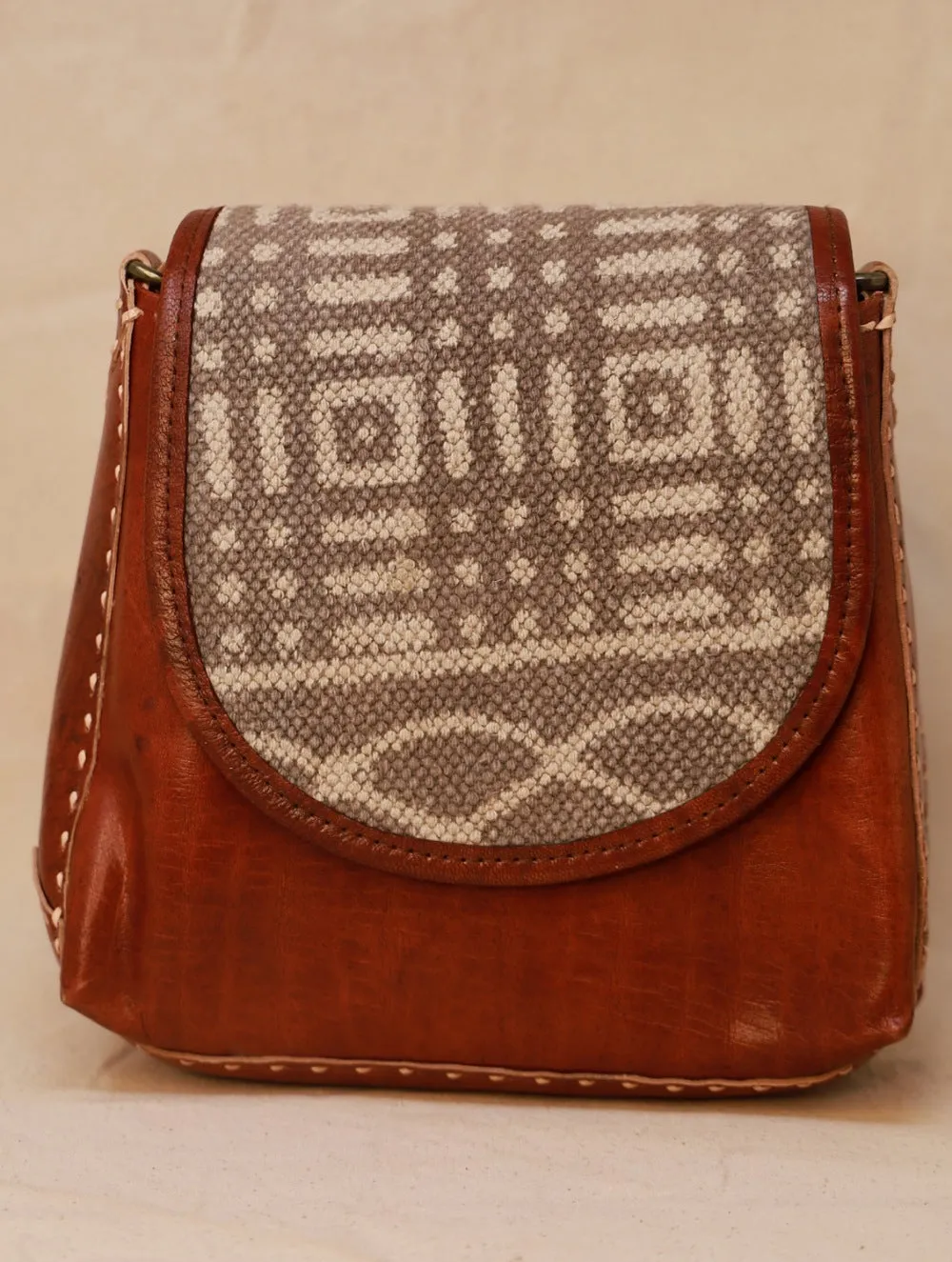 Handcrafted Jawaja Leather Sling Bag with Rug Patch - Brown & Grey