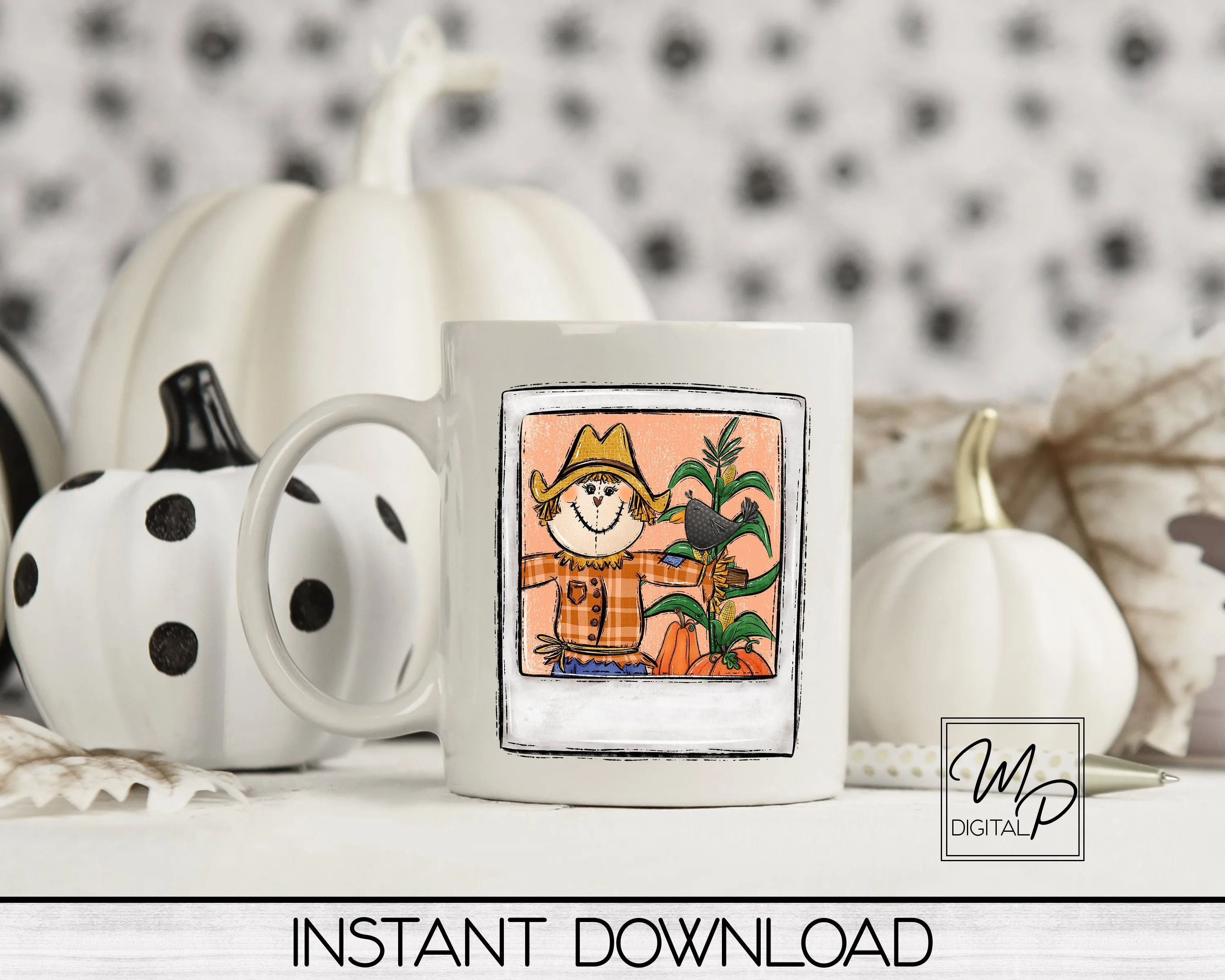 Happy Fall Scarecrow PNG Sublimation Design, for Tshirts, Mugs, and Tea Towels, Digital Download