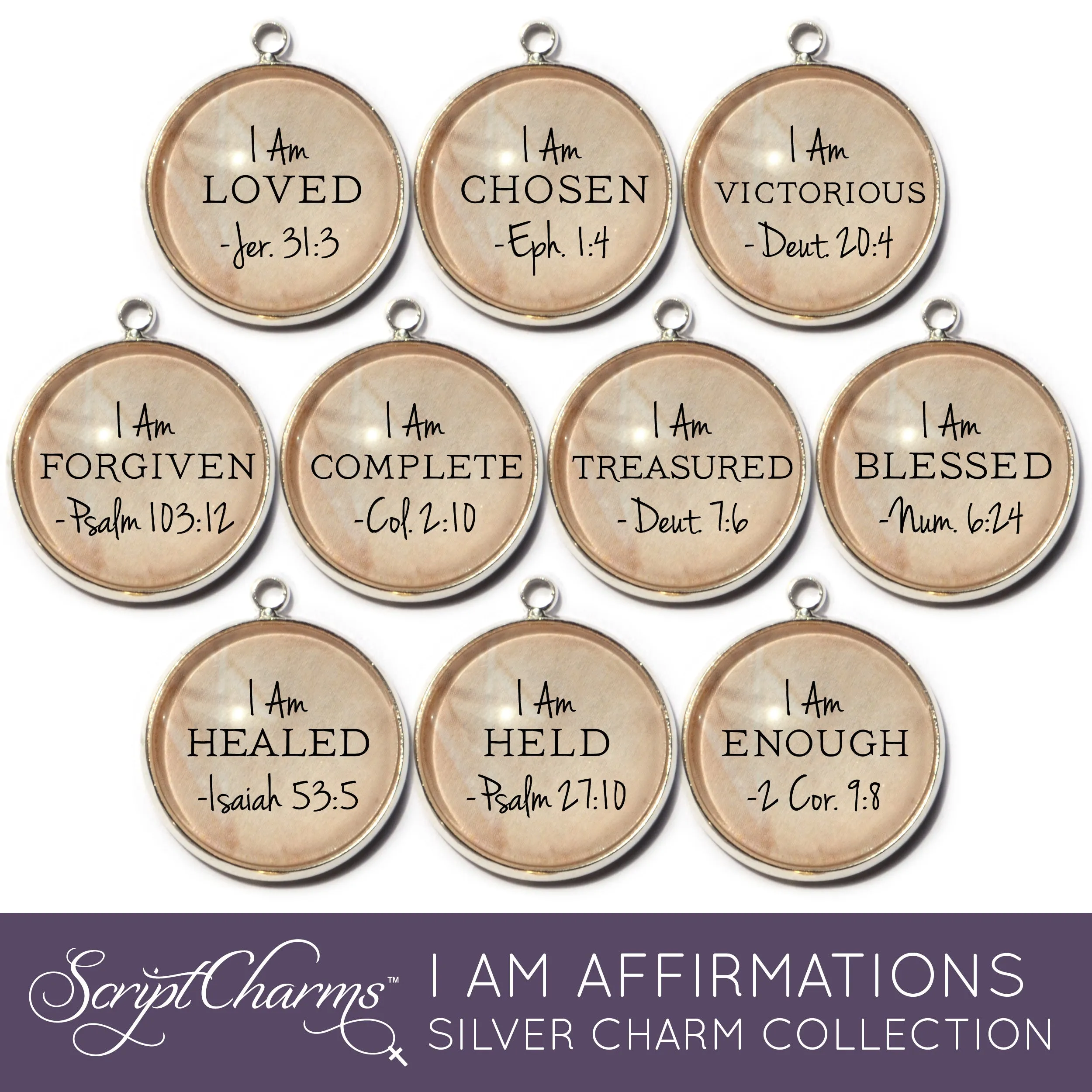 I AM Loved, Blessed, Forgiven, Enough Affirmations – Glass Scripture Jewelry Making Charms – Bulk Designer Christian Religious Charms