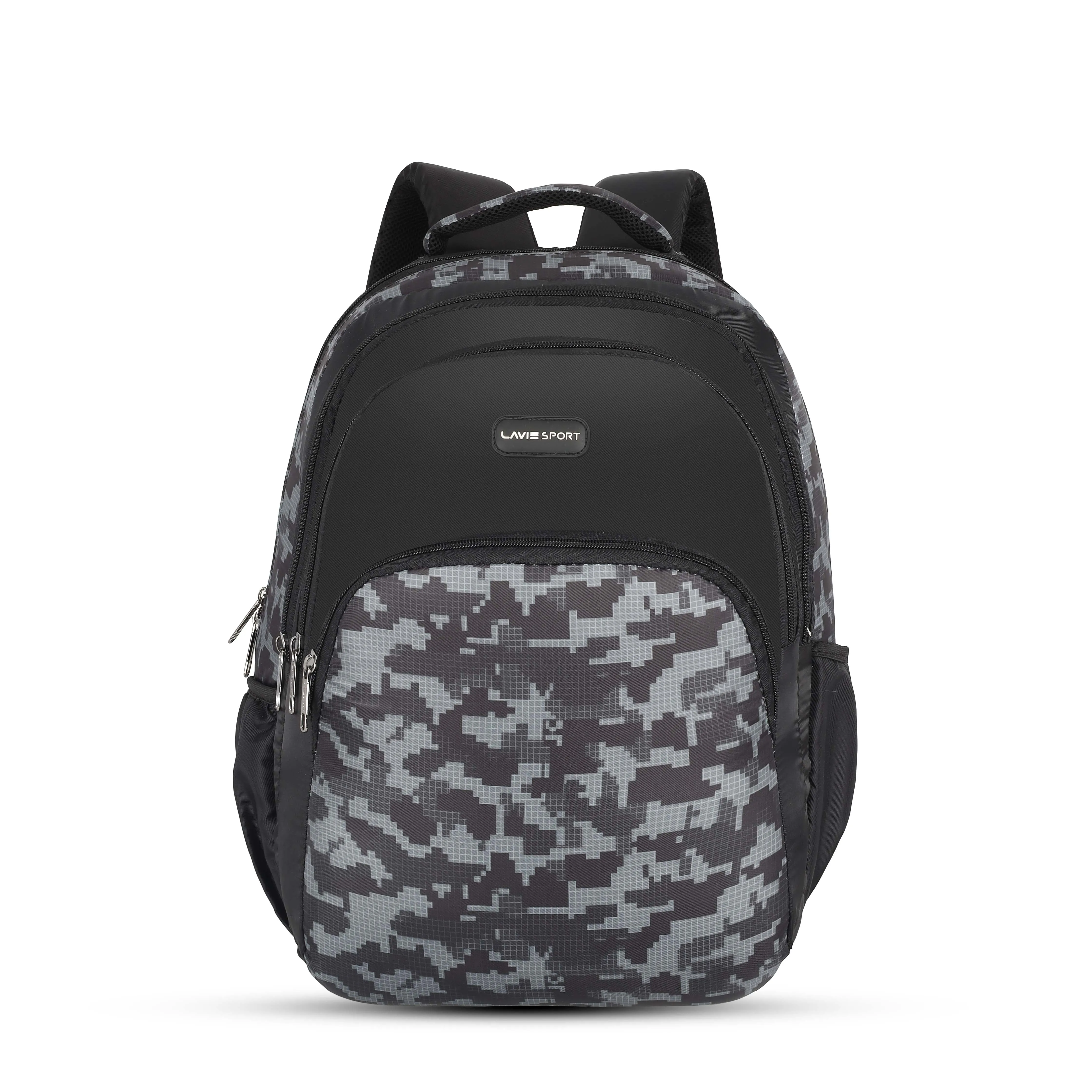 Lavie Sport Camo 39L Printed School Unisex Backpack with Rain cover for Boys & Girls Black