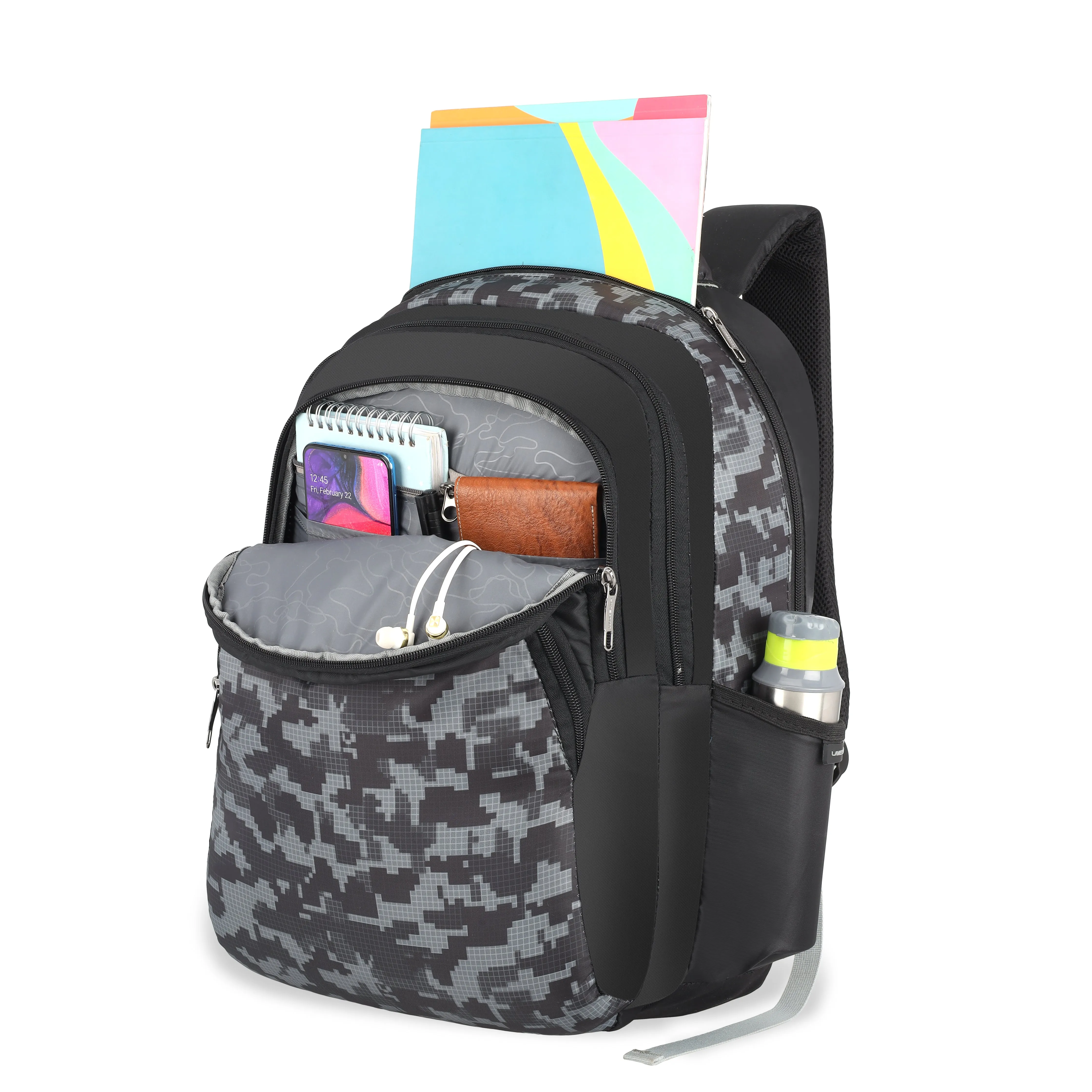 Lavie Sport Camo 39L Printed School Unisex Backpack with Rain cover for Boys & Girls Black