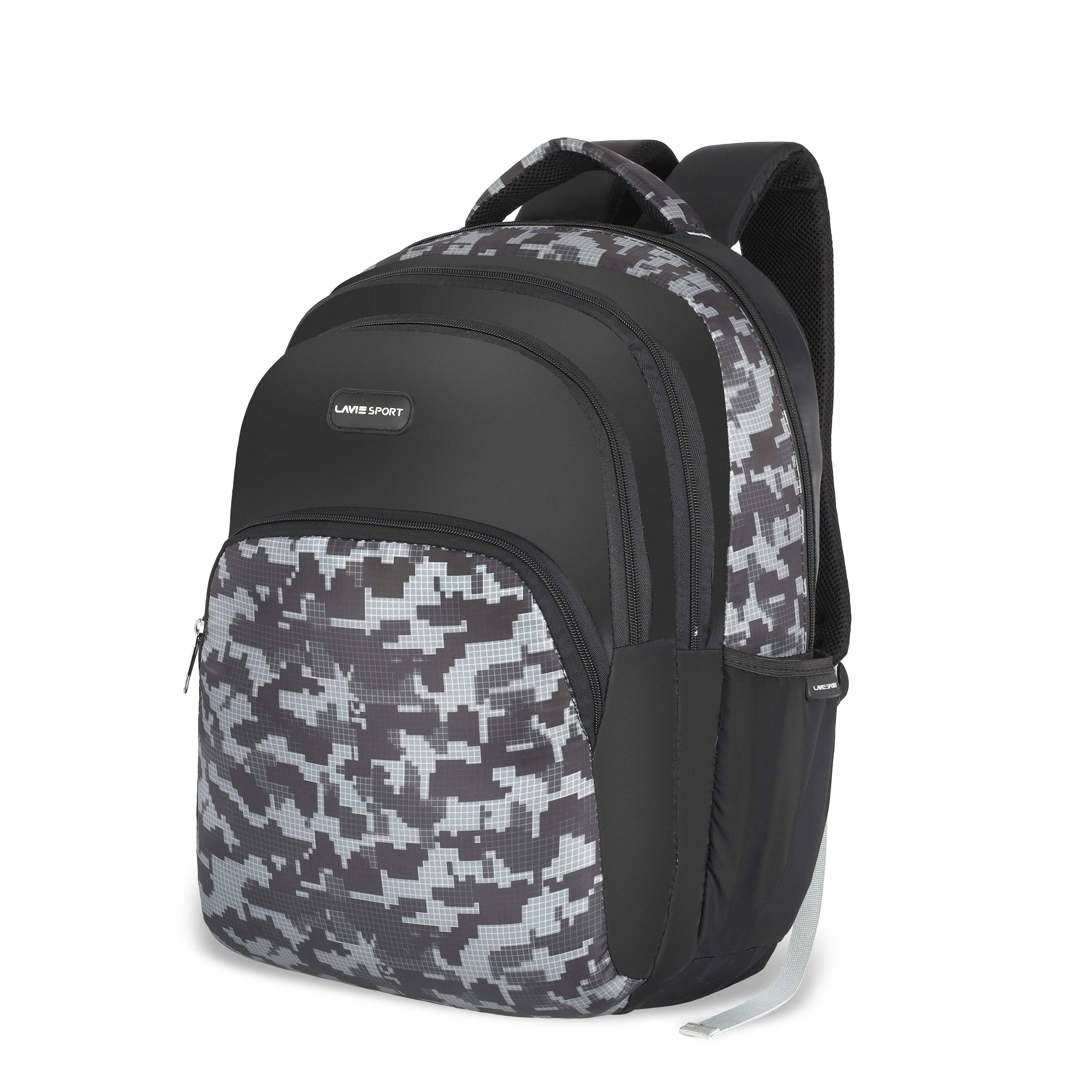 Lavie Sport Camo 39L Printed School Unisex Backpack with Rain cover for Boys & Girls Black