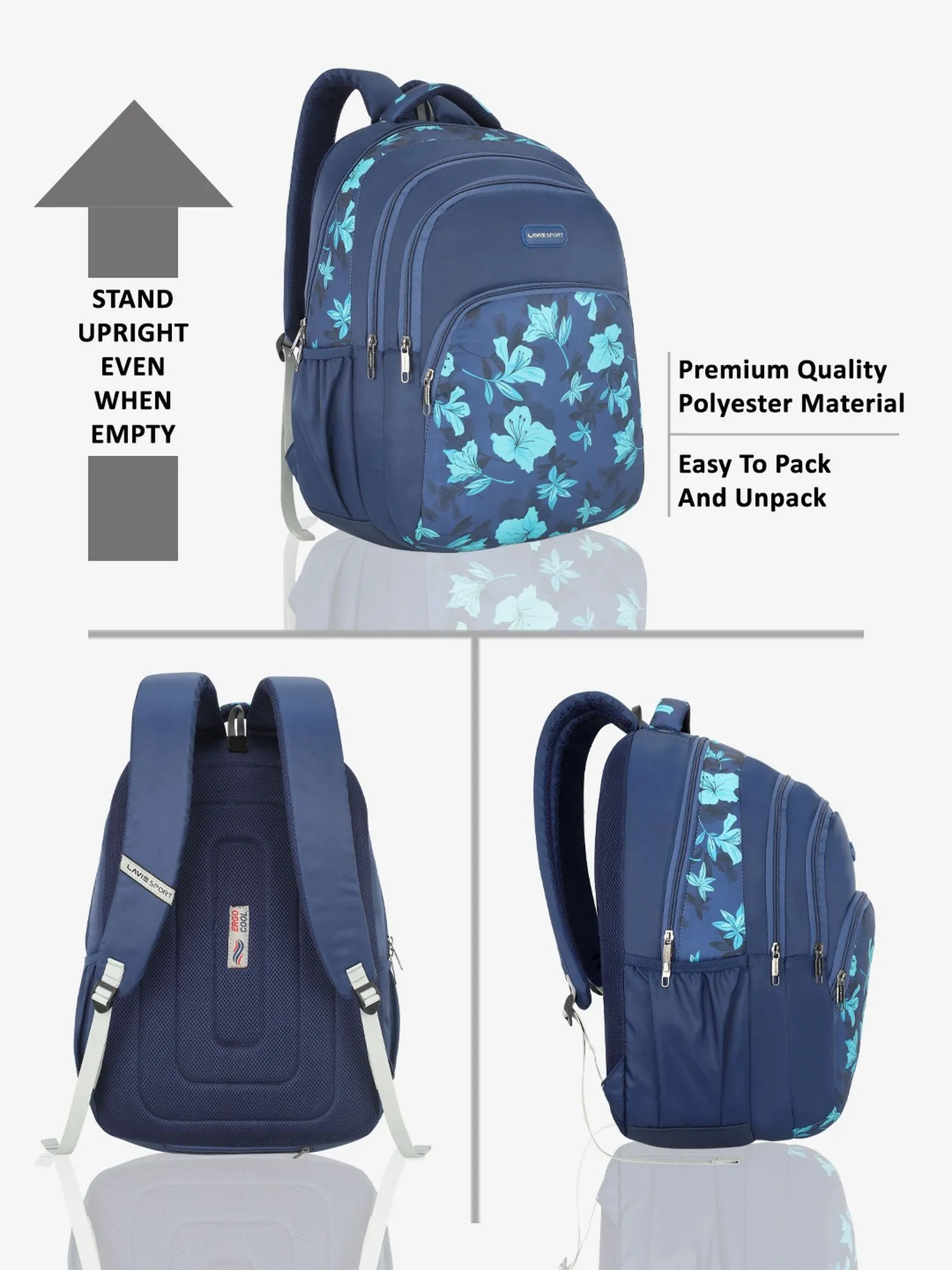 Lavie Sport Cherry Blossom 39L Printed School Backpack with Rain cover for Girls Navy