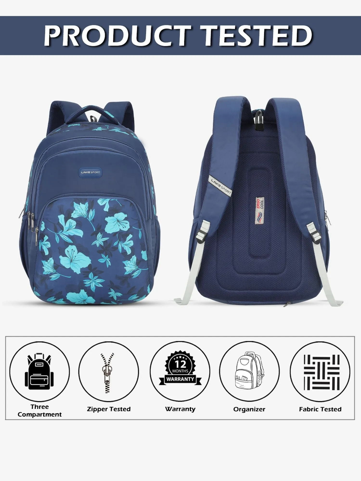 Lavie Sport Cherry Blossom 39L Printed School Backpack with Rain cover for Girls Navy