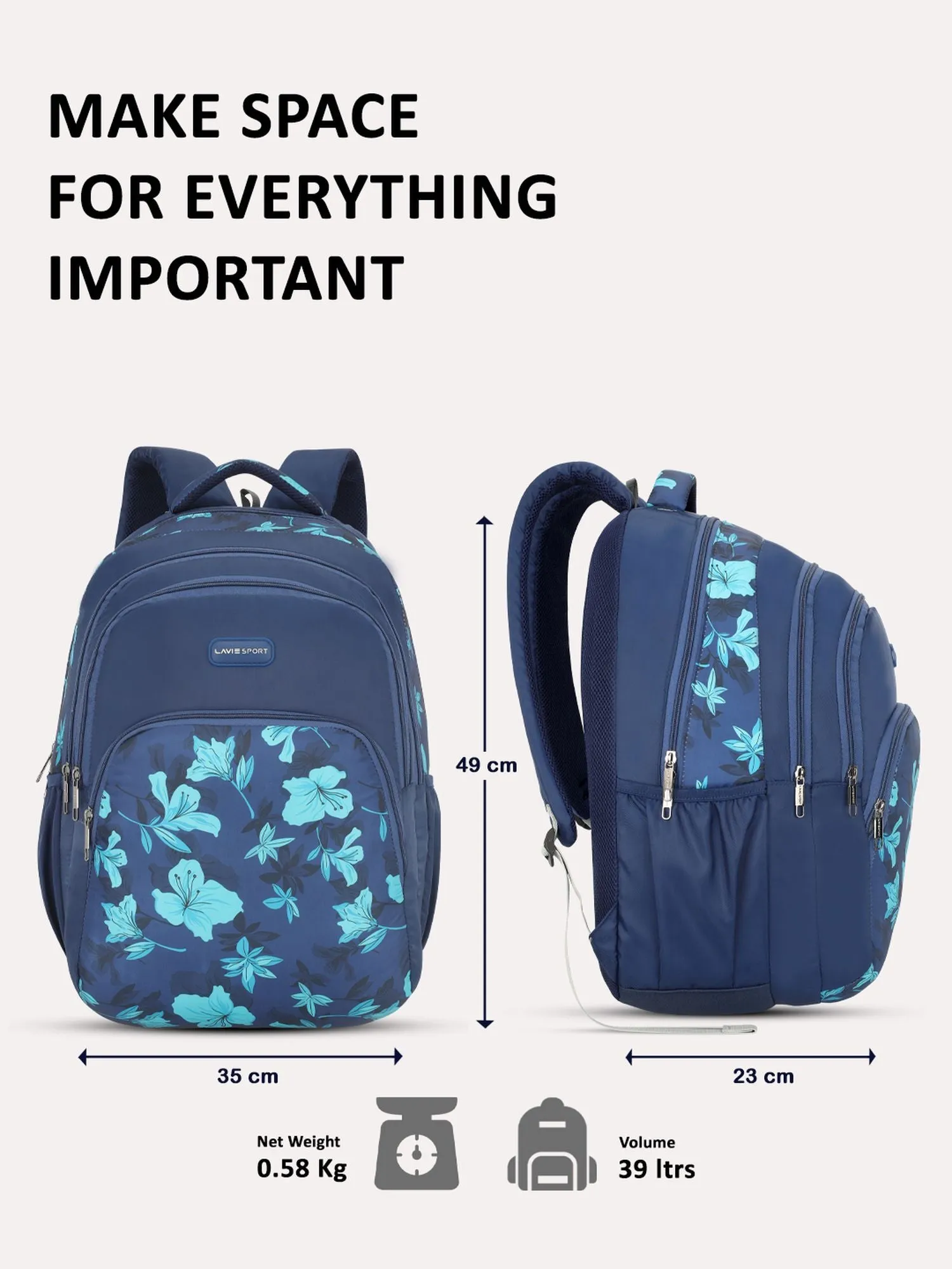 Lavie Sport Cherry Blossom 39L Printed School Backpack with Rain cover for Girls Navy