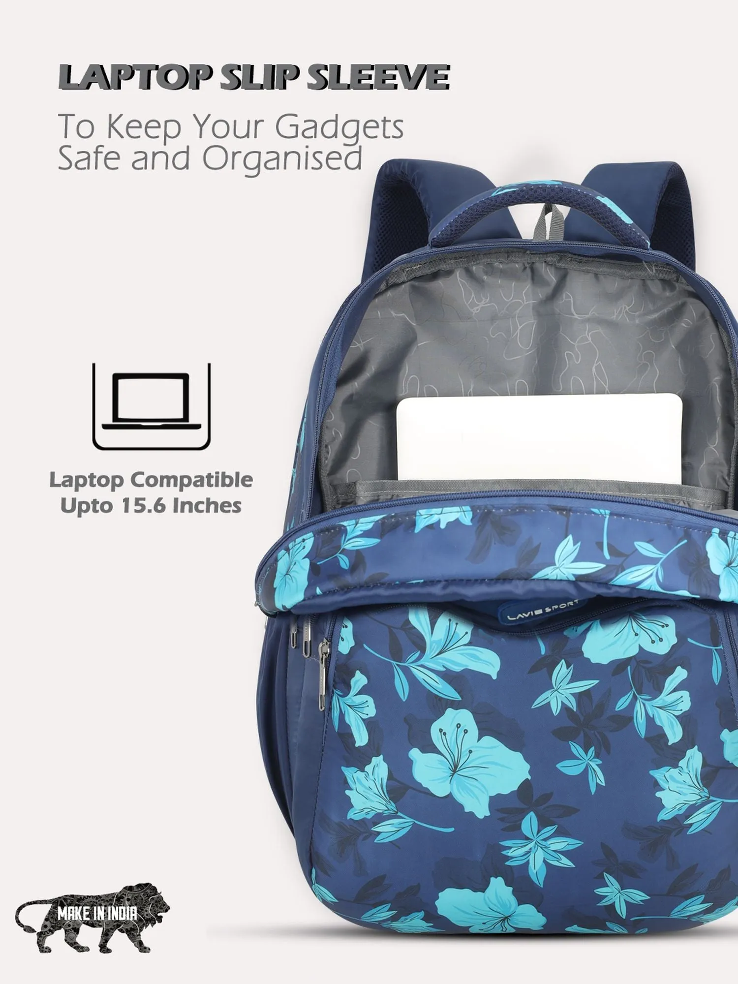 Lavie Sport Cherry Blossom 39L Printed School Backpack with Rain cover for Girls Navy