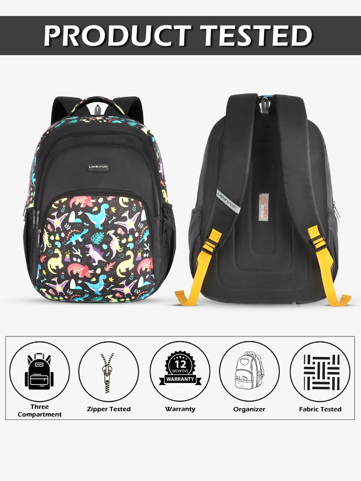 Lavie Sport Dino 39L Printed School Unisex Backpack with Rain cover for Boys/Girls Black