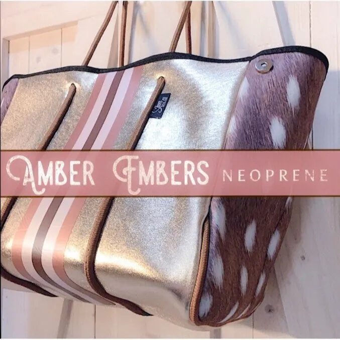 NWT © Amber Embers neoprene TOTE smooth honey blushed metallic bronze w/ auburn fawn deer sides   rouged amber lit & chocolate racing stripe