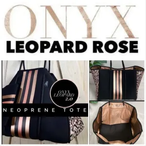 NWT © Onyx Leopard 2.0 black neoprene Tote w/ dark leopard & taupe sides   metallic gold and rose-gold racing stripes ( bright gold lining )