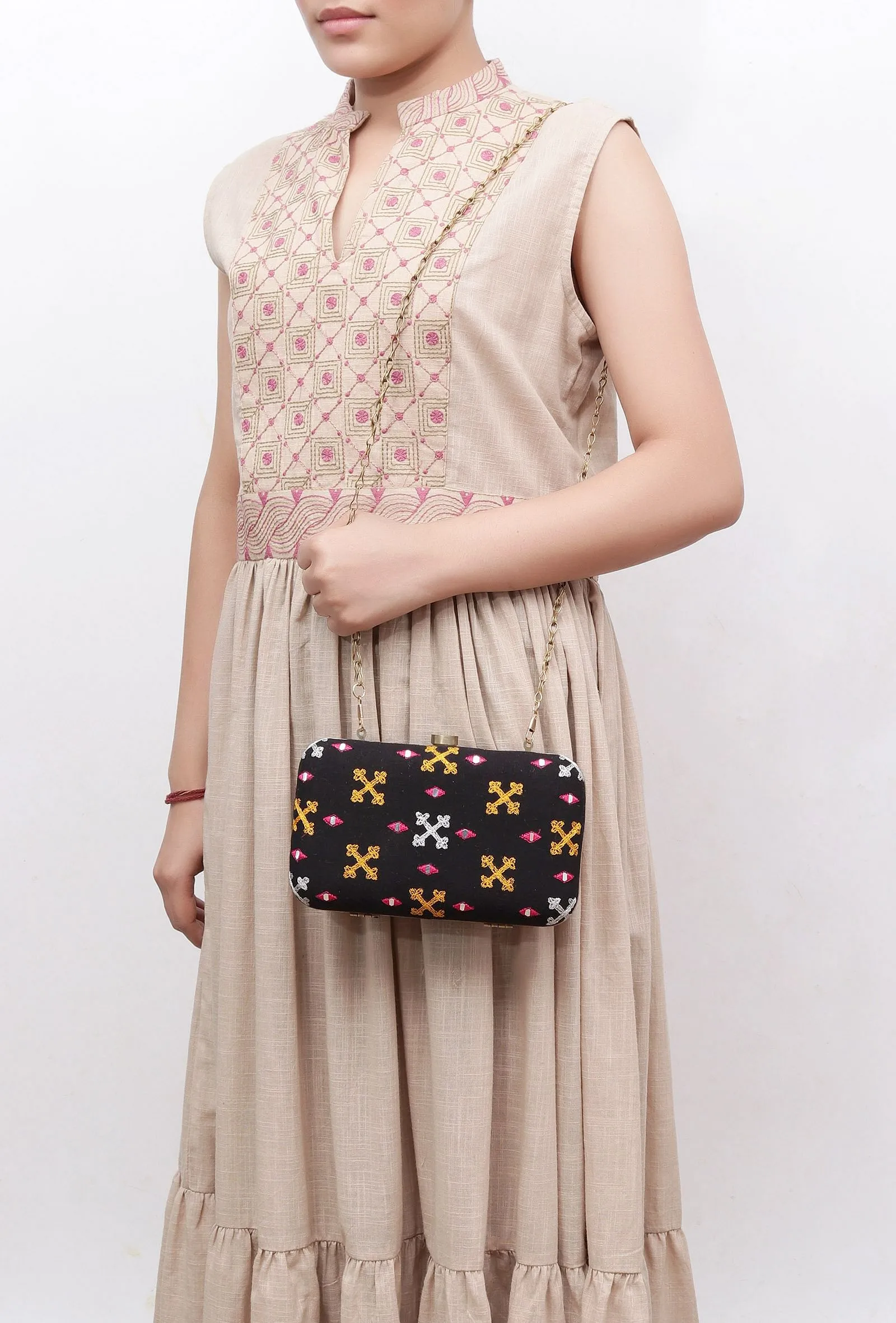 Parisa Black & Multi Kutch Embroidered Rectangular Box Clutch