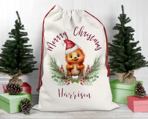 Personalised Santa Sack, Echidna, Poinsettia Leaves Linen Bag