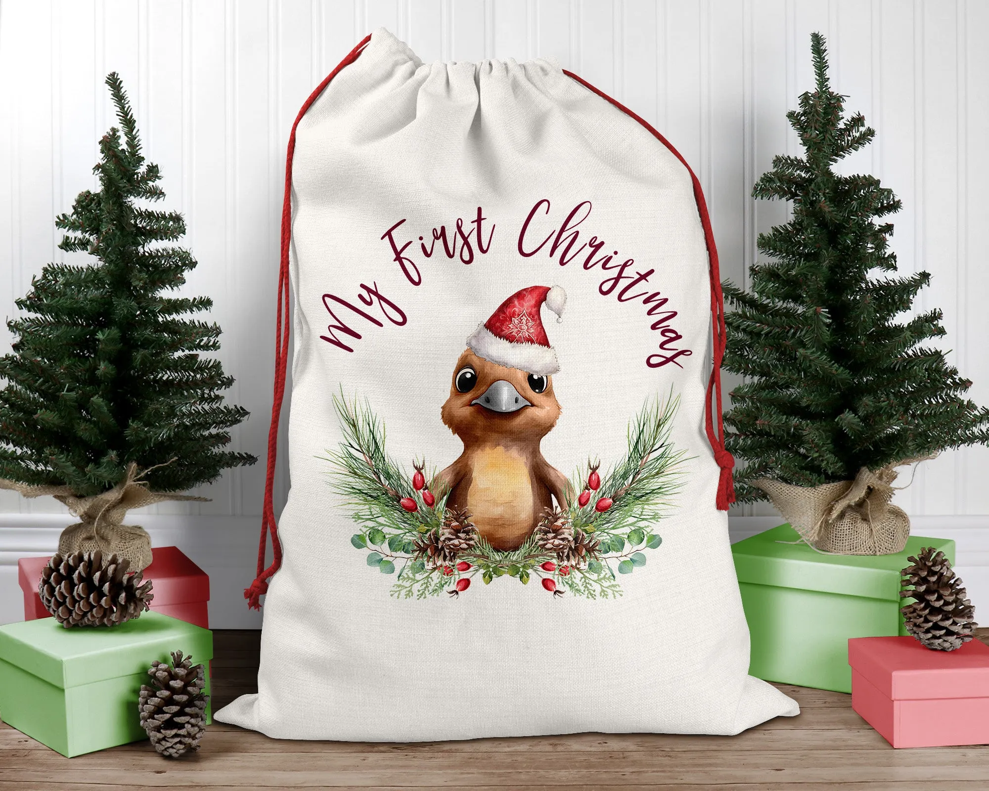 Personalised Santa Sack, Platypus, Poinsettia Leaves Linen Bag