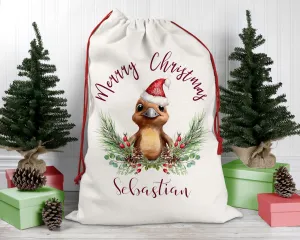 Personalised Santa Sack, Platypus, Poinsettia Leaves Linen Bag