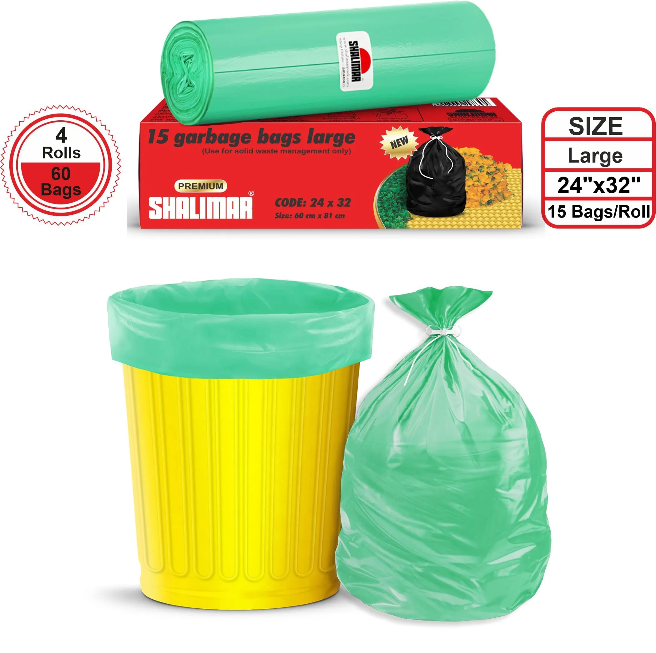 Shalimar Premium Garbage Bags Size 24 X 32 Inches (Large) 60 Bags (4 rolls) Dustbin Bag/Trash Bag - Green Color