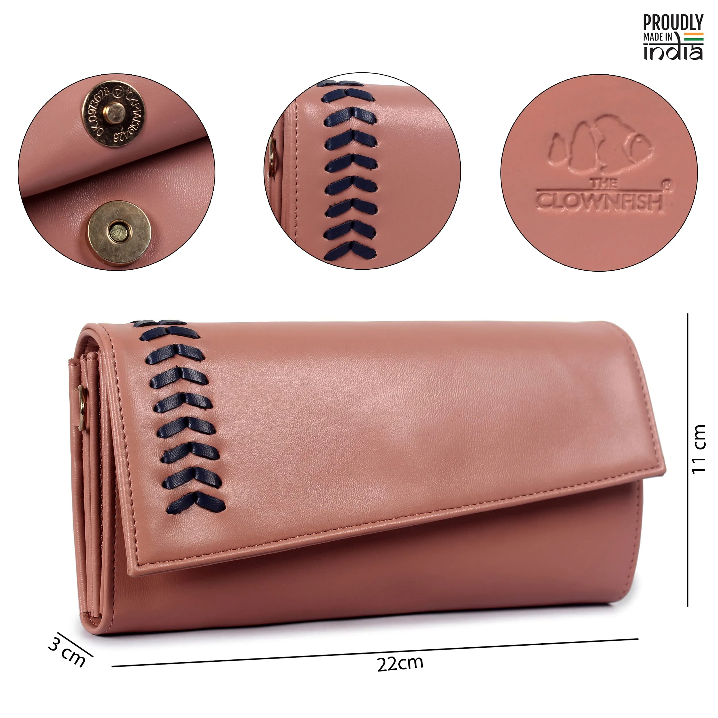 THE CLOWNFISH Myra Collection Womens Wallet Clutch Ladies Purse Sling Bag with Card slots (Apricot)