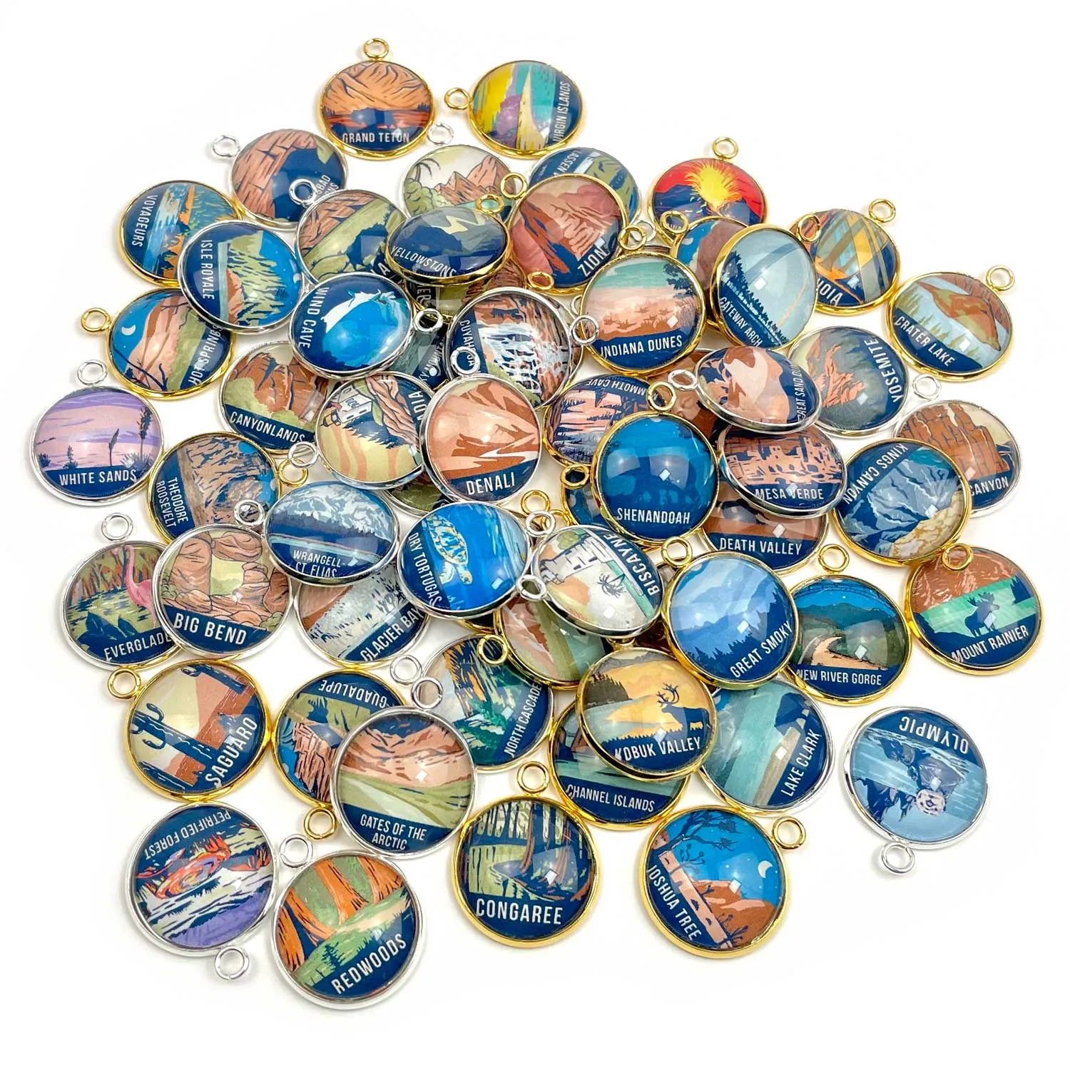 U.S. National Parks Charms for Jewelry Making – Glacier, Yosemite, Acadia, Zion, Yellowstone – 63 Colorful Glass Bulk Designer Charms