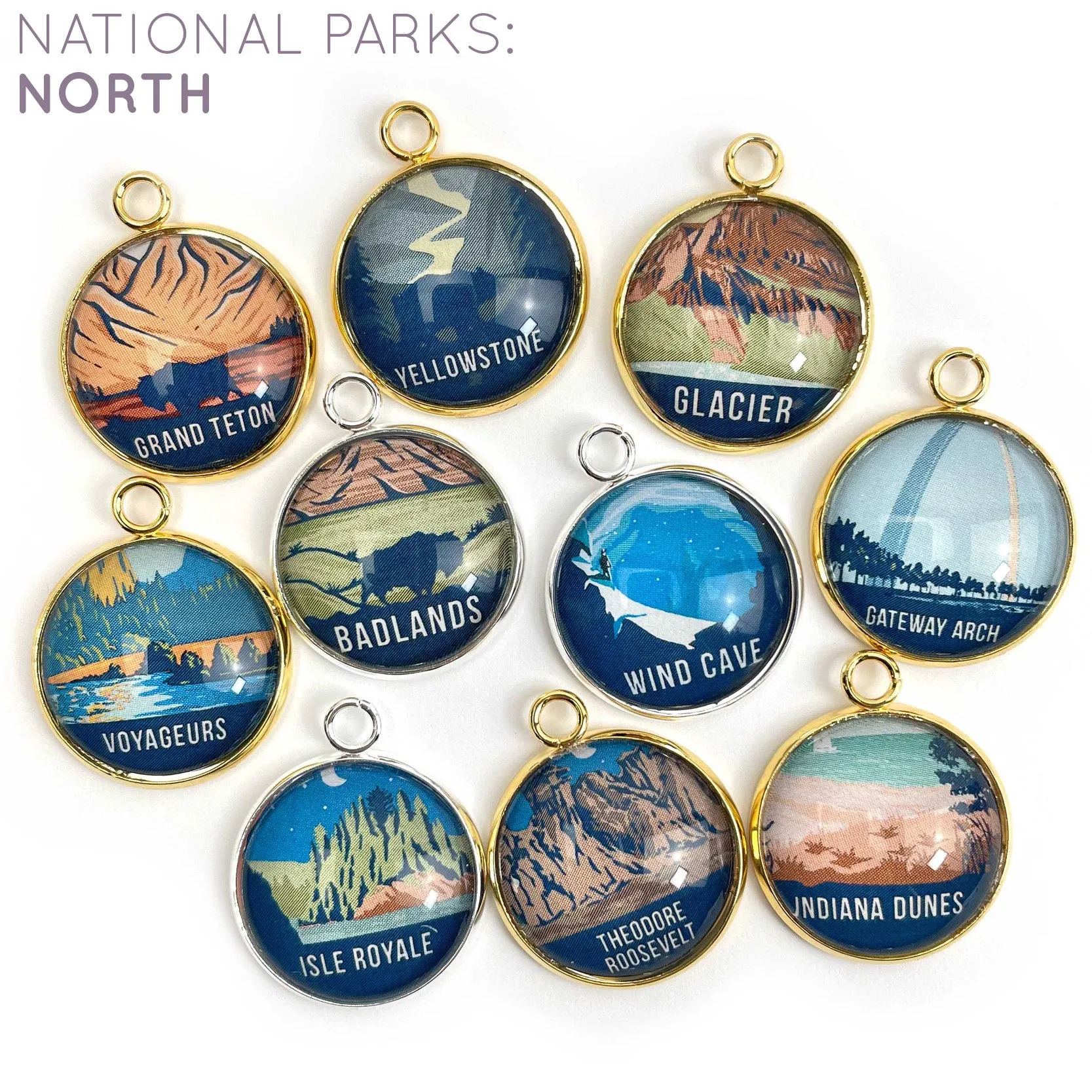 U.S. National Parks Charms for Jewelry Making – Glacier, Yosemite, Acadia, Zion, Yellowstone – 63 Colorful Glass Bulk Designer Charms