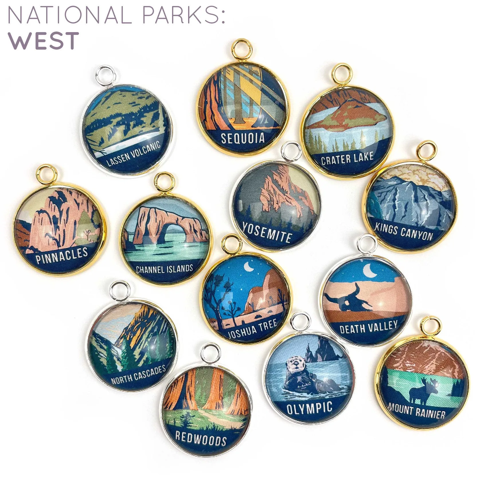 U.S. National Parks Charms for Jewelry Making – Glacier, Yosemite, Acadia, Zion, Yellowstone – 63 Colorful Glass Bulk Designer Charms