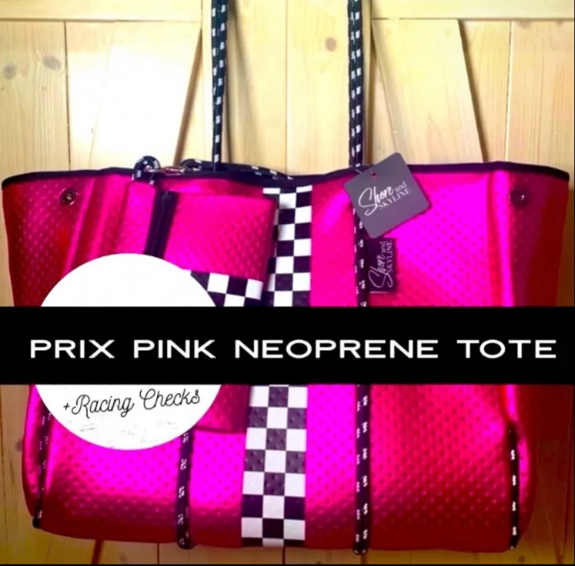 Waterproof Metallic Racer Tote Bag magenta pink / titanium silver neoprene   black and white racing checks purse by Shore and Skyline gift present 2024