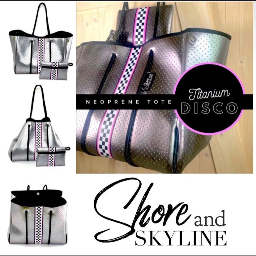 Waterproof Metallic Racer Tote Bag magenta pink / titanium silver neoprene   black and white racing checks purse by Shore and Skyline gift present 2024