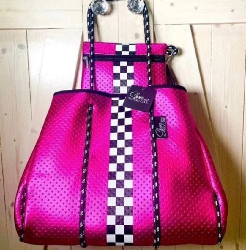 Waterproof Metallic Racer Tote Bag magenta pink / titanium silver neoprene   black and white racing checks purse by Shore and Skyline gift present 2024