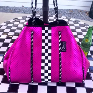 Waterproof Metallic Racer Tote Bag magenta pink / titanium silver neoprene   black and white racing checks purse by Shore and Skyline gift present 2024