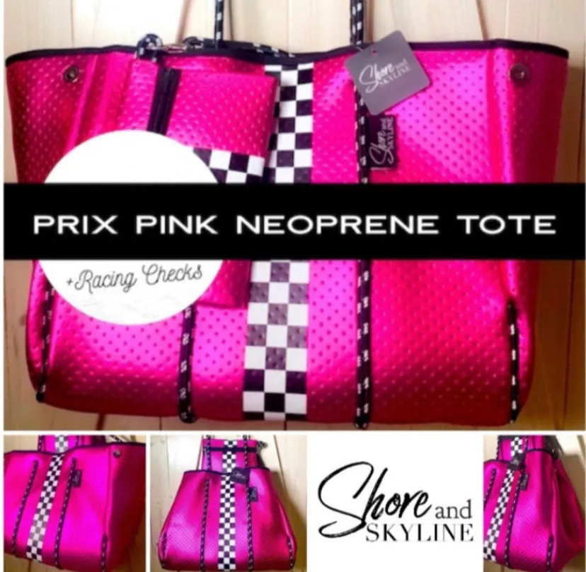 Waterproof Metallic Racer Tote Bag magenta pink / titanium silver neoprene   black and white racing checks purse by Shore and Skyline gift present 2024