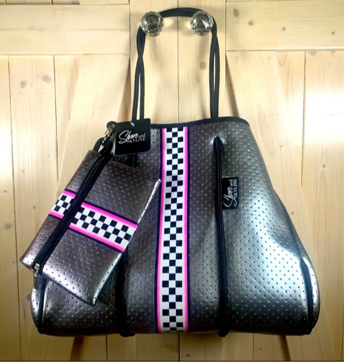 Waterproof Metallic Racer Tote Bag magenta pink / titanium silver neoprene   black and white racing checks purse by Shore and Skyline gift present 2024