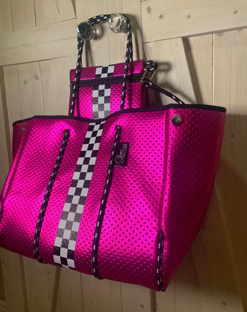 Waterproof Metallic Racer Tote Bag magenta pink / titanium silver neoprene   black and white racing checks purse by Shore and Skyline gift present 2024