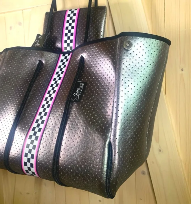 Waterproof Metallic Racer Tote Bag magenta pink / titanium silver neoprene   black and white racing checks purse by Shore and Skyline gift present 2024