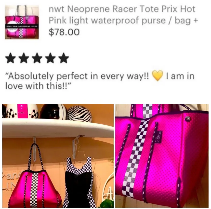 Waterproof Metallic Racer Tote Bag magenta pink / titanium silver neoprene   black and white racing checks purse by Shore and Skyline gift present 2024