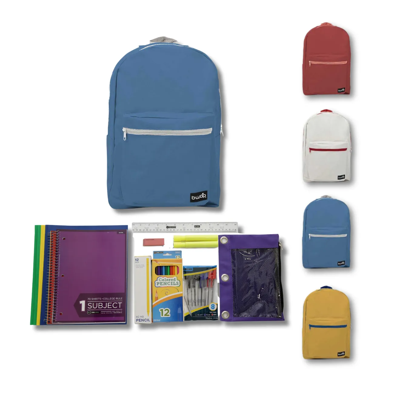 Wholesale 6th-12th Grade Essentials Kit-43 Pieces in 18'' Asst Color Standard Backpacks