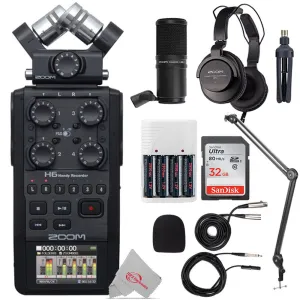 Zoom H6 All Black Handy Recorder   Boya BY-BA20 Aluminum Alloy Desk Holder Microphone Stand Bracket   Zoom ZDM-1 Podcast Mic Pack Accessory Bundle   32GB Memory Card   Rechargeable Battery & Charger